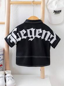 SHEIN 100% Baumwolle Baby Jungen/Mädchen/Kleinkind Junge Lässige vielseitige Mode Buchstaben Muster Schwarz Kurzarm Hemd, geeignet für Innen, Außen, Alltag, Sport, Spiel, Party, Fotoshooting, Urlaub, Frühling/Sommer - Schwarz - Übersicht 6