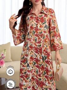 Yasmyna 領口前開扣棉質印花多色長版襯衫 - 紅色 - 查看 6