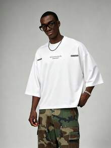 STYNVO Men's Plus Size Letter Print Colorblock Crew Neck Short Sleeve T-Shirt - White - View 2