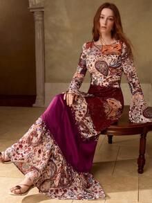 MOTF PREMIUM WOMEN'S PRINTED LACE PATCHWORK BELL SLEEVE DRESS, AUTUMN/WINTER - Multicolor - View 5