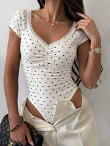 Franclia Lace V-Neck Short Sleeve Bodysuit, Slim Fit Layering Top For Summer - White - View 3