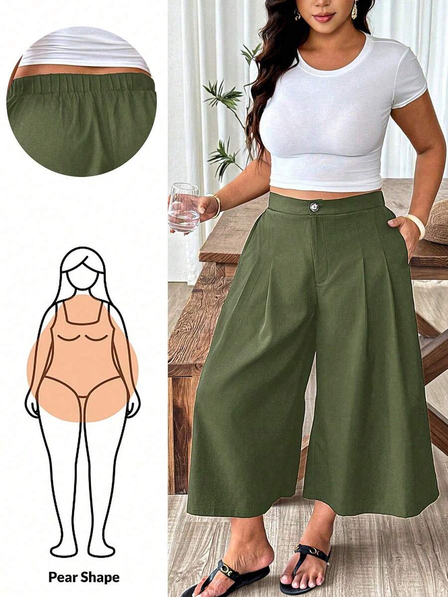 SHEIN PETITE CURVE 大尺碼女款休閒優雅亞麻七分褲 橄欖綠 夏季海灘早午餐度假居家穿著 - 軍綠色 - 查看 1