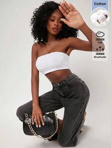 SHEIN BASICS 女款百搭純色抹胸背心上衣，適合日常穿著與度假 - 白色 - 查看 4