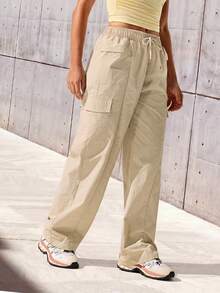 SHEIN Sports Women's Casual Versatile Drawstring Waist Cargo Hiking Pants - Apricot - View 2
