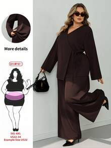 SHEIN CURVE+ Plus Size Elegant Women Solid Color Tie-Front Long Sleeve Jacket And Loose Wide Leg Pants Casual Set - Brown - View 8
