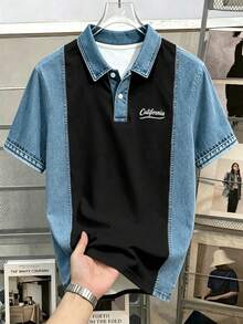 Manfinity Joysei 男士字母印花拼色休閒日常短袖 Polo 衫 - 黑色 - 查看 5