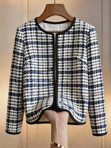 SHEIN LUNE Women's Round Neck Contrast Edge Houndstooth Print Minimalist Fashion Casual Jacket For Daily Wear, Party, Holiday - Multicolor - View 9