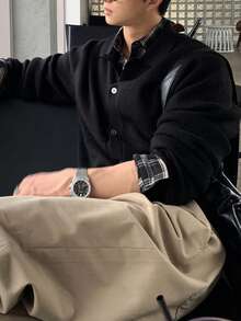 DAZY Men's Black Long Sleeve V-Neck Cardigan Sweater With Ribbed Hem And Cuffs For Commuting - Black - View 6