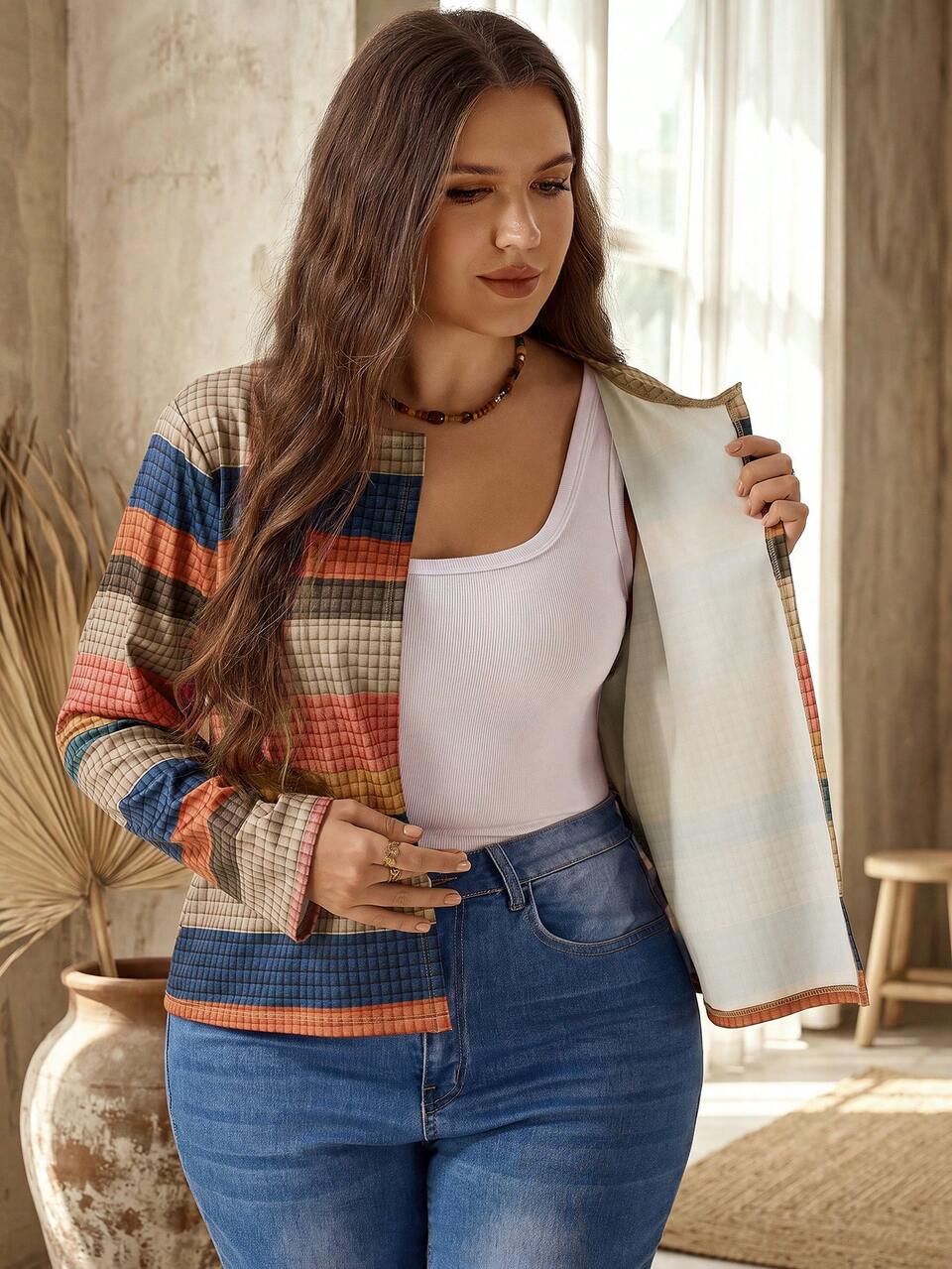 Plus Size Women's Striped Long Sleeve Open Front Casual Gothic Jacket Autumn Office Wedding Guest Blue