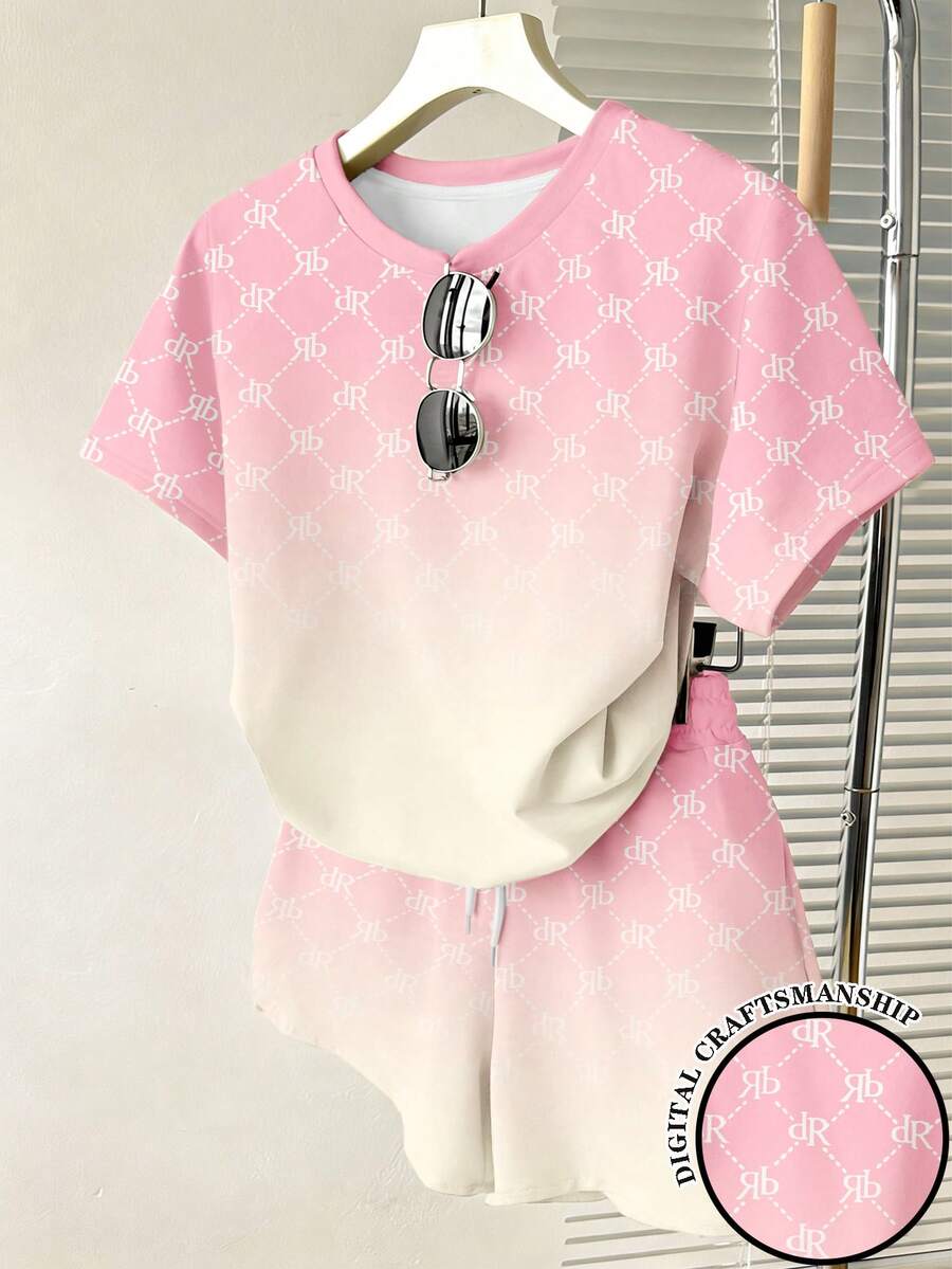 Resyla Conjunto de camiseta de hombros regulares y pantalones cortos de ajuste holgado con estampado degradado - Rosa - Ver 1