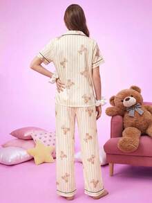 Provexi Provexi Women's Milk Coffee Color Vertical Stripe Teddy Bear Print Collared Trim Short Sleeve & Long Pants 2 Pieces Pajama Set - Multicolor - View 2