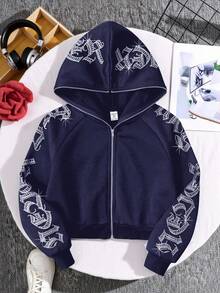 SHEIN 青少年女孩哥德風文字鑲鑽短版拉鍊連帽衛衣，秋冬長袖上衣，畢業穿搭，返校穿搭 - 藍色 - 查看 8