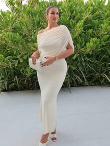 MDEdit White Off Shoulder Ruched Fitted Elegant Elegant Elegant Dress, Tight Fitted Dress, Flowing Dress Wedding Formal Dinner Special Occasion Summer - Apricot - View 6