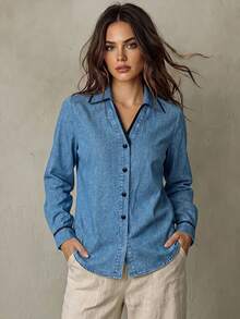 SHEIN Franclia 對比色休閒戶外襯衫，極簡休閒，戶外，通勤 - 藍色 - 查看 3