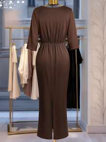GlowEve CURVE Women's Round Neck Mid-Sleeve Commuter Dress, Spring Summer Autumn Elegant Party Dress Fall - Brown - View 2