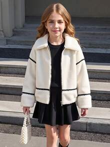 SHEIN Serisse Kids Tween 女童休闲街头风格时尚领口撞色装饰泰迪羊毛超大夹克，适合秋冬季 - 白色 - 查看 3