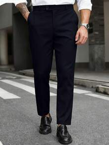 Manfinity Mode Men's Plus Size Solid Color Straight Leg Business Travel Trousers With Pockets - Navy Blue - View 3