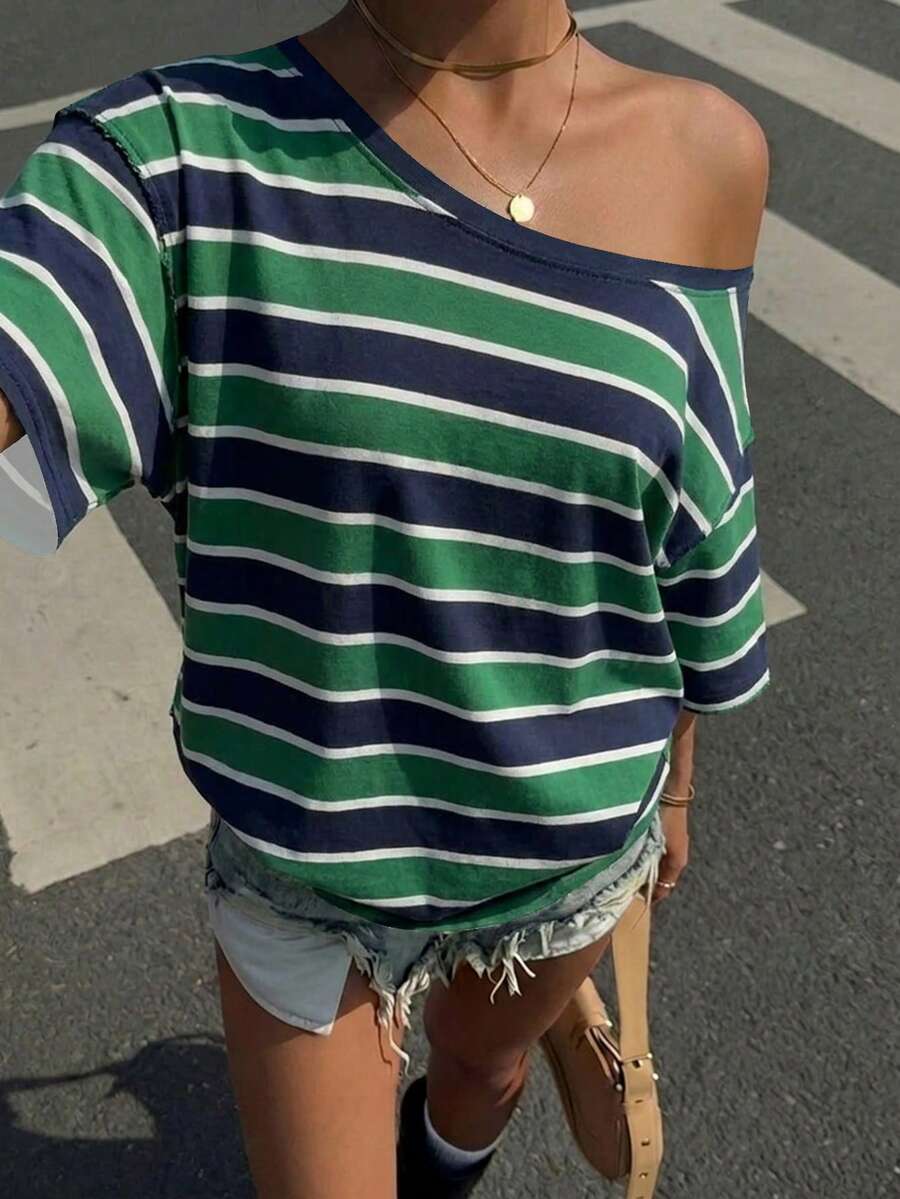 Muchica Casual Minimalist All-Over Print Off-Shoulder Loose Short Sleeve T-Shirt For Women,Summer Top - Multicolor - View 1