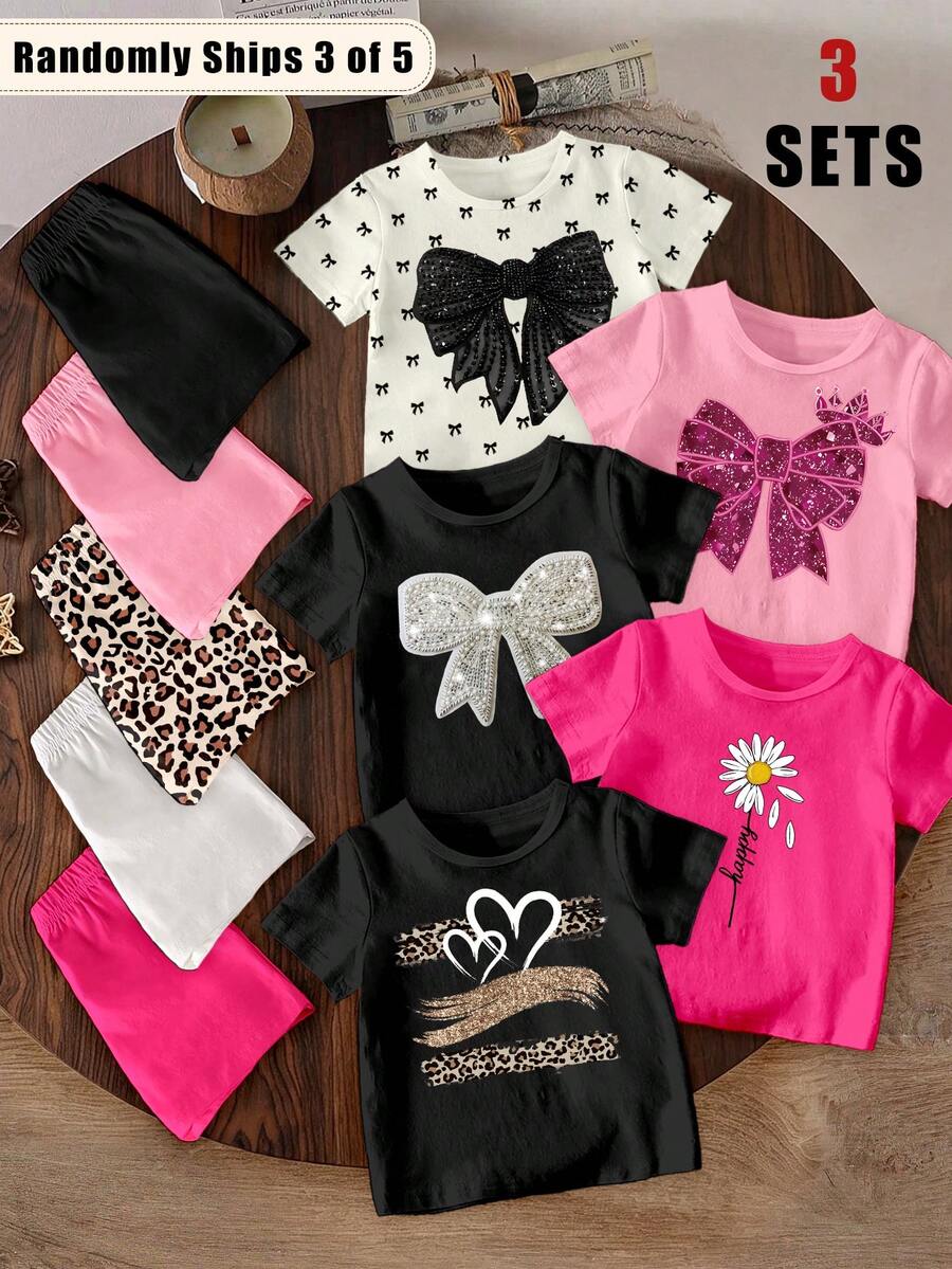 (3 Random Item From 5) Summer Girls' Shining Bow Crown Flower Leopard Love Pattern Printed Basic Short T+Shorts Set 6-Piece Set - Multicolor - View 1