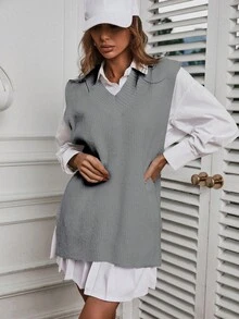 EURMUSE 1pc Solid Color Sweater Vest - Grey - View 3