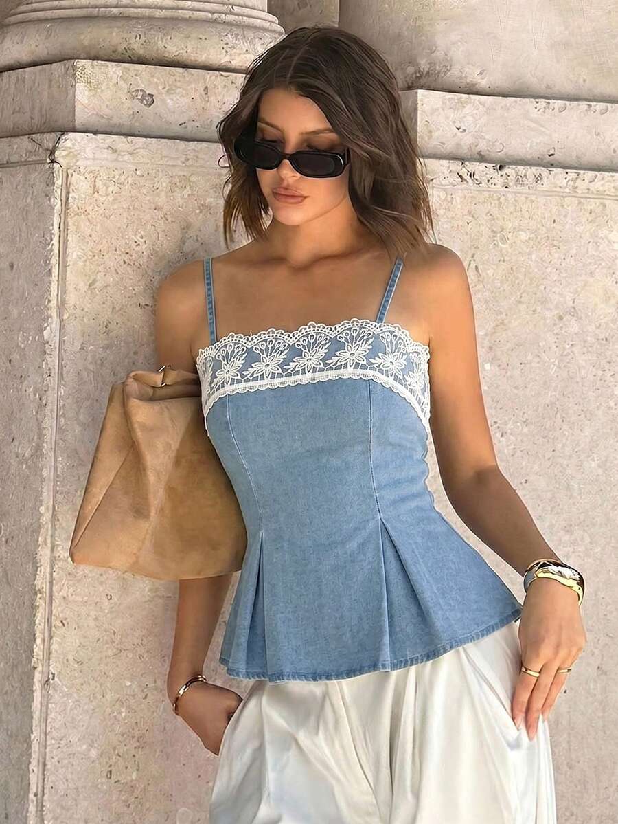 SHEIN EZwear Women's Contrast Lace Pleated Hem Fashion Camisole Denim Top Fall Elegant Top Social Cowgirl For Women Country Concert