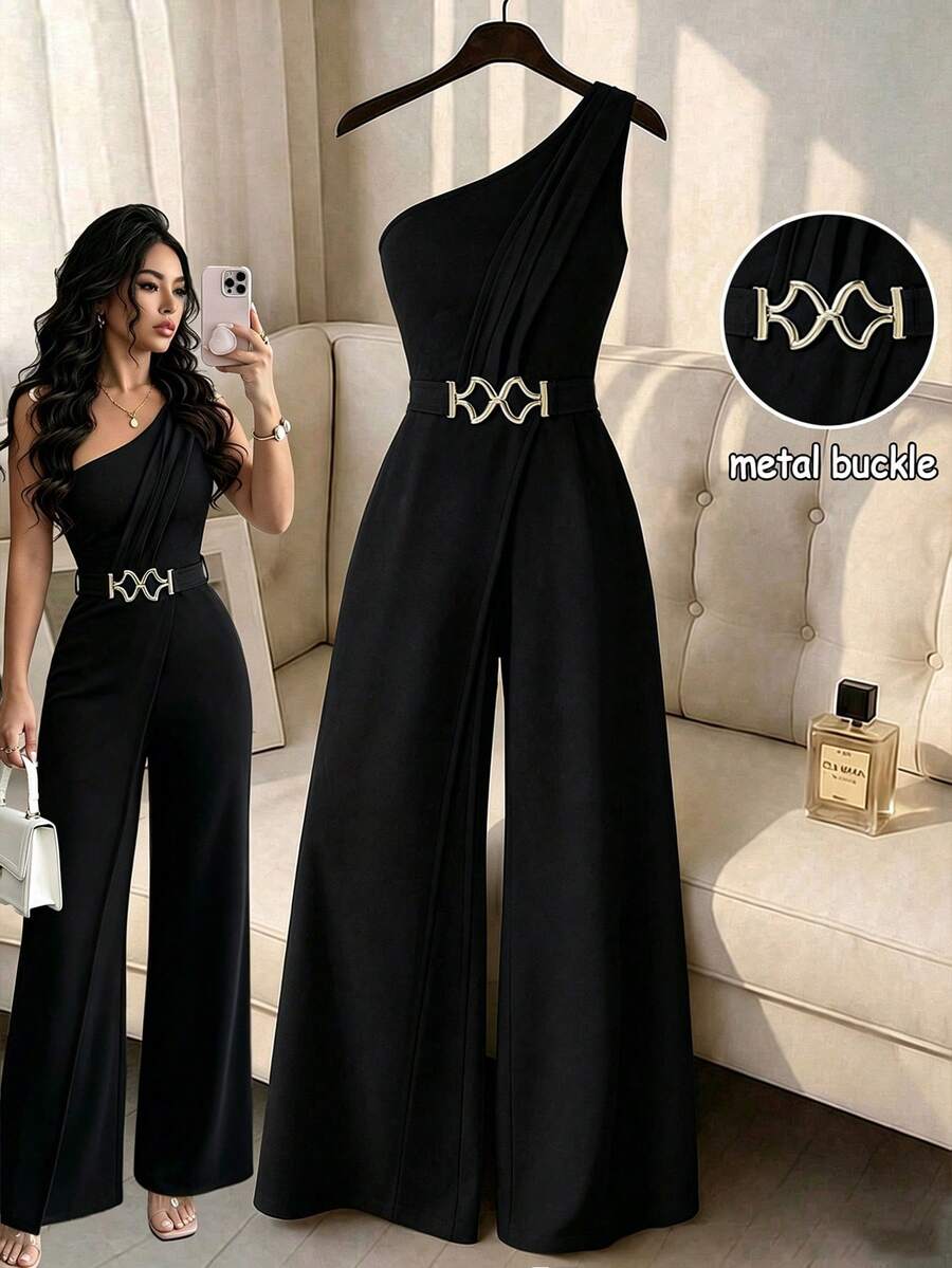Elenzga Women's Metal Waist Design One-Shoulder Jumpsuit - Black - View 1