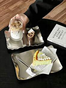 Haus Hana 1pc Ndustrial Style Wavy Stainless Steel Rectangular Tray, Vintage Premium Dessert & Snack Platter, Afternoon Tea Cake Serving Tray - Multicolor - View 4
