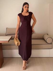 Maria Perezxox Fashionable Solid Color Cinched Waist Fitted Knit Maxi Dress, European And American Style Elegant Summer - Coffee - View 4