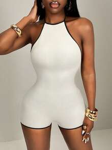 BamGleam Seamless Knit Trim Contrast Color Sexy Jumpsuit Bodysuits For Women Romper Club Summer , Vacation Halter Neck Tummy Control Shapewear - Beige - View 8