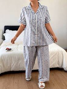 Napfluff CURVE Napfluff CURVE Plus Size Floral Short Sleeve & Long Pants Set, Casual Striped Lapel 2 Pieces Lounge Pajamas - Multicolor - View 6
