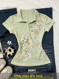 IslaSuriya Women's T-Shirt, POLO Collar T-Shirt, Slim Fit T-Shirt, Women's Casual Minimalist Elegant Style T-Shirt, Suitable For Daily Casual Wear, Women's Short Sleeve Top, Summer Women's Top, Latest Women's Top, Fashion Top Shirt, Floral Pattern T-Shirt Top
