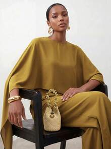 Zivah New Commuting Loose Cape Asymmetrical Top + Wide-Leg Trousers Women's Two Pieces Set - Mustard Yellow - View 7