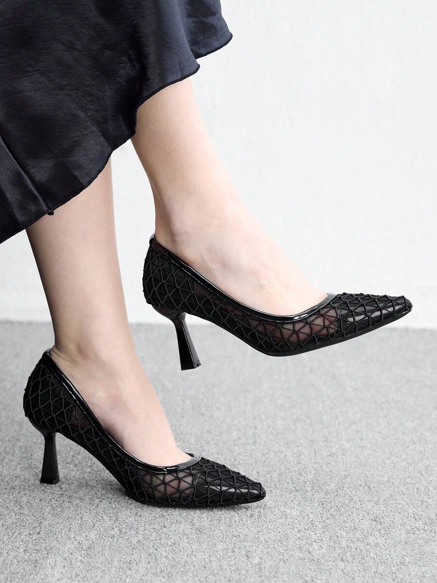 CUCCOO BIZCHIC Giày cao gót nữ lưới mắt cáo hình thoi rỗng, mũi nhọn, gót mảnh, cổ thấp, màu đen, phong cách thanh lịch đi làm, thoáng khí - Lưới đen - Xem 1