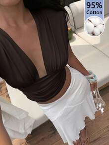 Aloruh Women's Elegant Sexy 95% Cotton Cute Pure Casual Romantic Vacation Mint Blue Deep V-Neck Backless Tie Waist Short Sleeve T-Shirt ,Summer Top - Brown - View 8