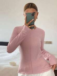 DAZY 女款素色羅紋紋理修身圓領長袖休閒度假街頭風春秋針織套頭T恤 - 粉色 - 查看 1