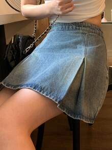 DAZY 女款西式牛仔風 A 字百褶休閒度假夏季牛仔裙，可愛上衣搭配 - 淺色水洗藍 - 查看 6