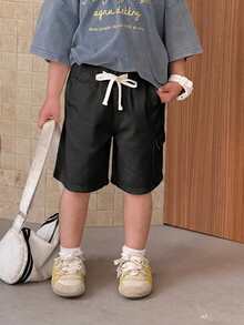 SHEIN Kids Young Boy Fashion Drawstring Waist Cargo Denim Shorts - Black - View 5