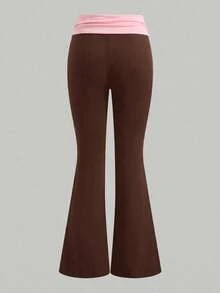 SHEIN Teen Girl Colorblock Folded Waist Flare Pants - Brown - View 2