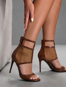 CUCCOO SZL Sandalias de tacón alto elegantes y sexys para mujer con diseño de malla transpirable y hueco, zapatos para banquetes y fiestas, botas frescas, tacones para graduación, zapatos de verano - Marrón - Ver 5