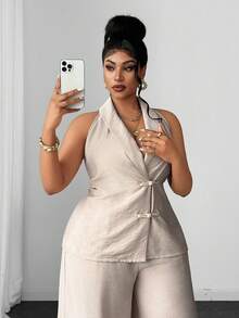 Maweii Plus Size Chinese Style Frog Button Vest & Long Pants Elegant Suit Set - Camel - View 2