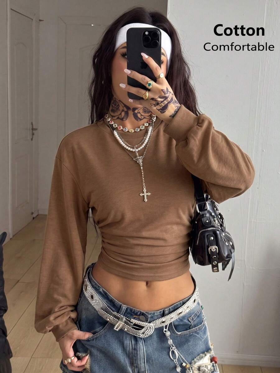 Coolane 女款素色百褶修身百搭日常休閒長袖運動衫 - 卡其色 - 查看 1