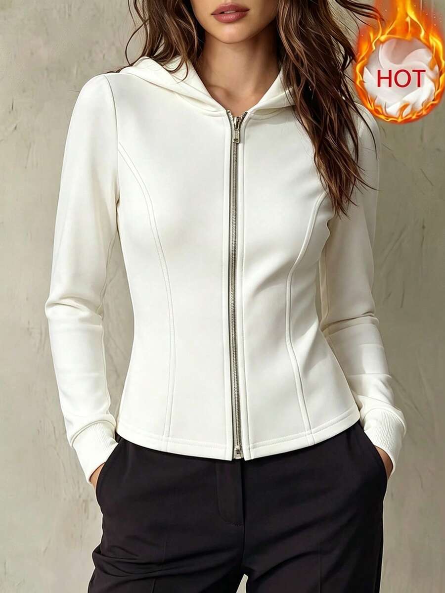 Franclia Soft Fleece Solid White Hooded Drawstring Zip-Up Fitted Casual Commuter Sweatshirt Jacket - White - View 1