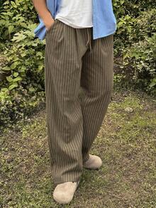 DAZY Pantalones rectos casuales con cordón en la cintura y rayas para hombres, para el otoño, vacaciones de otoño - Beis - Ver 7