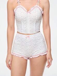 Bonmuse Ditsy Floral Print Bow Front Cami Top & Shorts PJ Set / Pajama Set White Setfor Summer - White - View 5