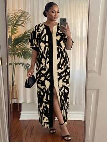 SHEIN Lady CURVE 大尺碼女款缺口V領滿版印花休閒優雅日常夏季洋裝 正式生日婚禮賓客米色 - 杏色 - 查看 1
