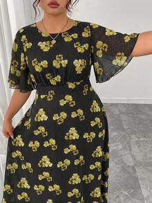 Modelyn Gaun Chiffon Hitam Elegan Ukuran Plus Wanita Motif Langit Musim Semi/Panas Leher Bulat Lengan Lonceng Berkerut Model Drape Pas Badan untuk Pesta Teh dan Liburan - MultiWarna - View 6