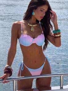 Swim Mod Summer Spring New Cross-Border Ins Style Sexy Triangle Tie Bikini Mermaid Shell Bikini Set For Women, Neon Pink And Blue Gradient Two Pieces Separates With Pearl Accessories, Ocean Holiday Bikini Set, Sweet Young Girl Hot Spring Beach Vacation Bikini Swimwear, Birthday Party Holiday Beach Bikini - Multicolor - View 1