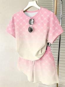 Resyla Conjunto de camiseta de hombros regulares y pantalones cortos de ajuste holgado con estampado degradado - Rosa - Ver 3