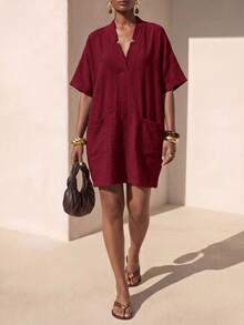 Zivah Women's Solid Color V-Neck Short Sleeve Pocket Design Loose Mini Dress - Burgundy - View 3