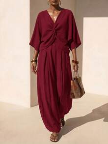Zivah 2026 Spring/Summer New Music Festival Party Holiday Outing Office Wear Twist Short Sleeve V-Neck Top And Elastic Waist Side Pocket Loose Wide Leg Tapered Pants Linen Pants Set - Burgundy - View 1